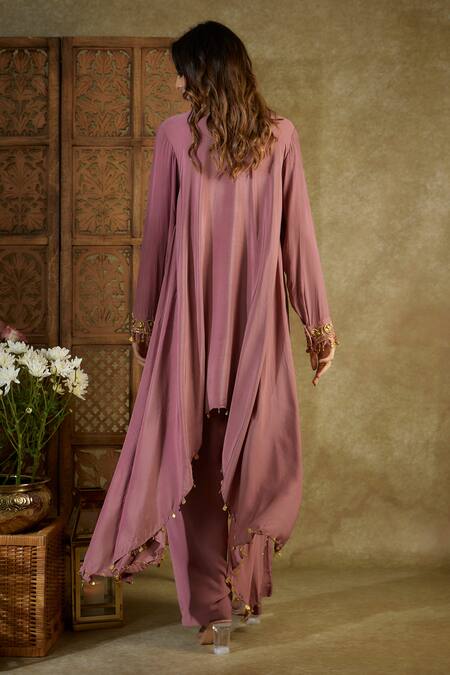 Mehak Murpana_Pink Crepe Cut Work, Beads Cutdana Embellished Placed Asymmetric Kurta With Pant _at_Aza_Fashions