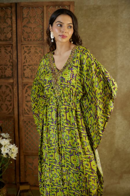 Mehak Murpana_Green Crepe Sequins V-neck Geometric Print Kaftan _Online_at_Aza_Fashions