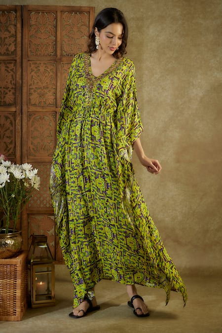 Buy_Mehak Murpana_Green Crepe Sequins V-neck Geometric Print Kaftan _Online_at_Aza_Fashions