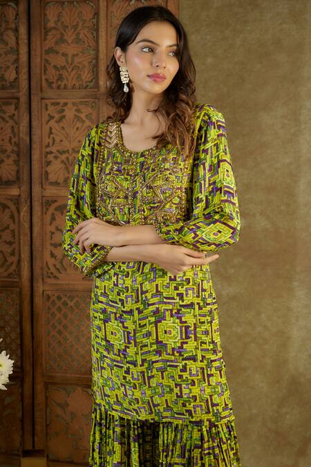 Buy_Mehak Murpana_Green Crepe Sequins Round Neck Geometric Print Kurta With Sharara _Online_at_Aza_Fashions