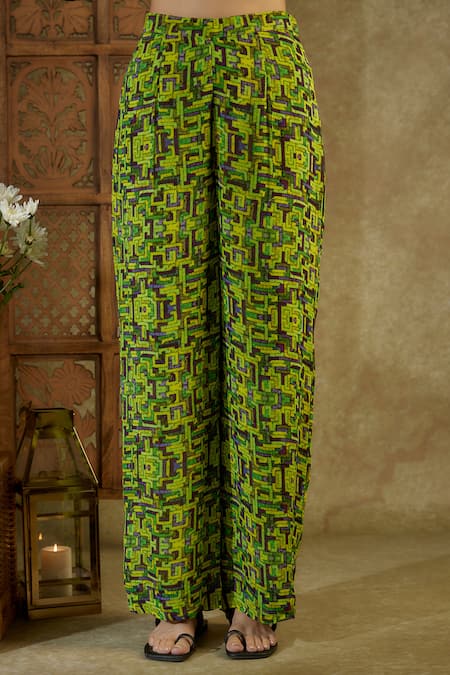 Buy_Mehak Murpana_Green Georgette Sequins Shawl Neck Geometric Print Front Tie Shirt With Pant _Online_at_Aza_Fashions