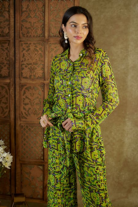 Shop_Mehak Murpana_Green Georgette Sequins Shawl Neck Geometric Print Front Tie Shirt With Pant _Online_at_Aza_Fashions