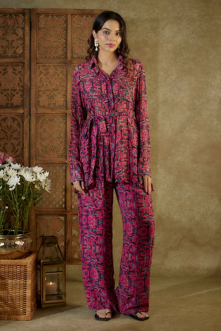 Mehak Murpana Pink Georgette Sequins, Embroidery Shawl Neck Geometric Print Shirt With Pant 