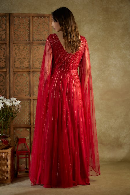 Mehak Murpana_Red Net Sequins, Cut Work V-neck Embroidered Gown _Online_at_Aza_Fashions