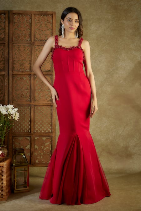 Mehak Murpana Red Suiting Embroidered Sequin Sweetheart Applique Mermaid Gown 