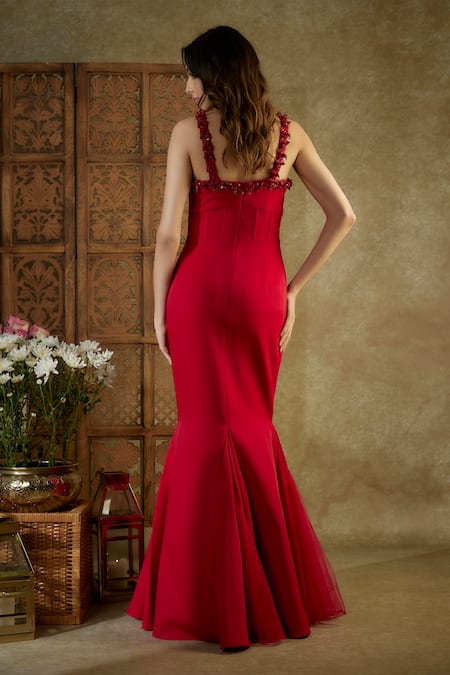Shop Mehak Murpana Red Suede Sequins, Cut Work Sweetheart Neck Embroidered Applique Mermaid Gown at Aza Fashions Shop_Mehak Murpana_Red Suede Sequins, Cut Work Sweetheart Neck Embroidered Applique Mermaid Gown _at_Aza_Fashions