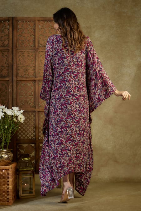 Shop_Mehak Murpana_Purple Crepe Beads, Cut Work V-neck Abstract Floral Print Kaftan _at_Aza_Fashions