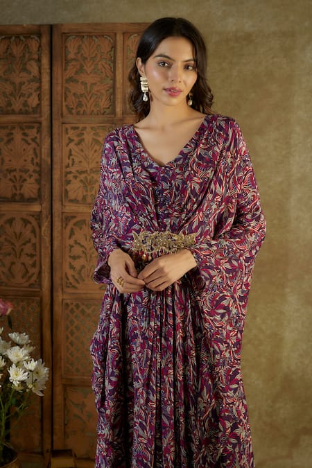 Mehak Murpana_Purple Crepe Beads, Cut Work V-neck Abstract Floral Print Kaftan _Online_at_Aza_Fashions