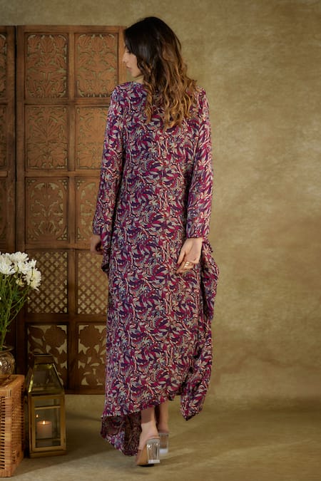 Buy_Mehak Murpana_Purple Crepe Beads, Cut Work V-neck Abstract Floral Print Kaftan _Online_at_Aza_Fashions