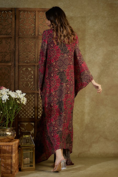 Shop_Mehak Murpana_Pink Crepe Beads V-neck Abstract Floral Pattern Kaftan _at_Aza_Fashions