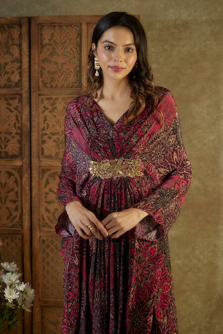 Mehak Murpana_Pink Crepe Beads V-neck Abstract Floral Pattern Kaftan _Online_at_Aza_Fashions