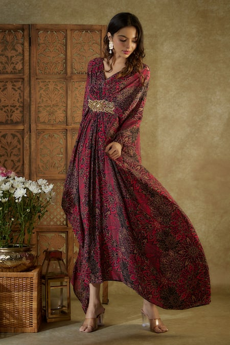 Buy_Mehak Murpana_Pink Crepe Beads V-neck Abstract Floral Pattern Kaftan _Online_at_Aza_Fashions
