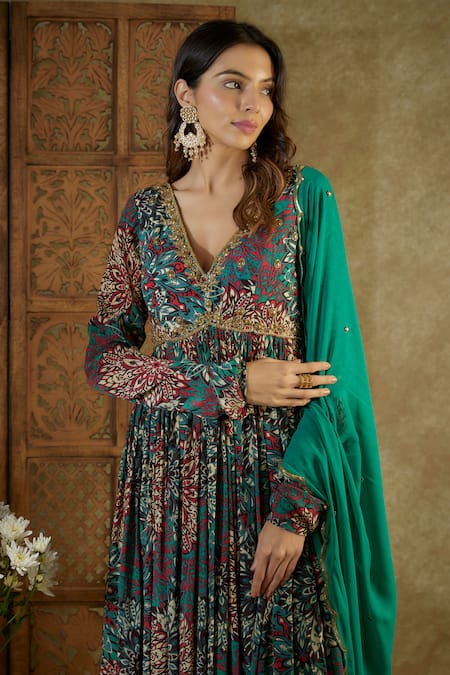 Mehak Murpana_Green Crepe, Georgette Embroidery Abstract Floral Print Anarkali With Dupatta _Online_at_Aza_Fashions