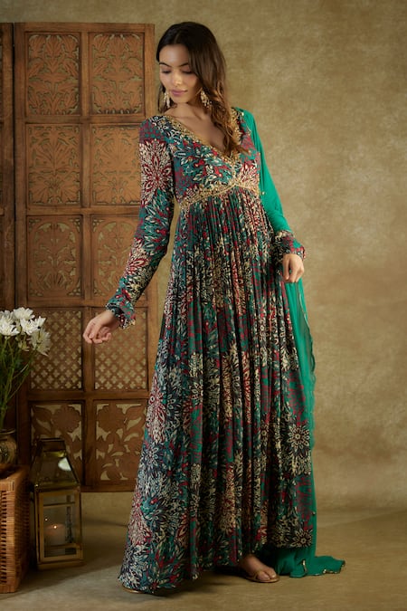 Buy_Mehak Murpana_Green Crepe, Georgette Embroidery Abstract Floral Print Anarkali With Dupatta _Online_at_Aza_Fashions