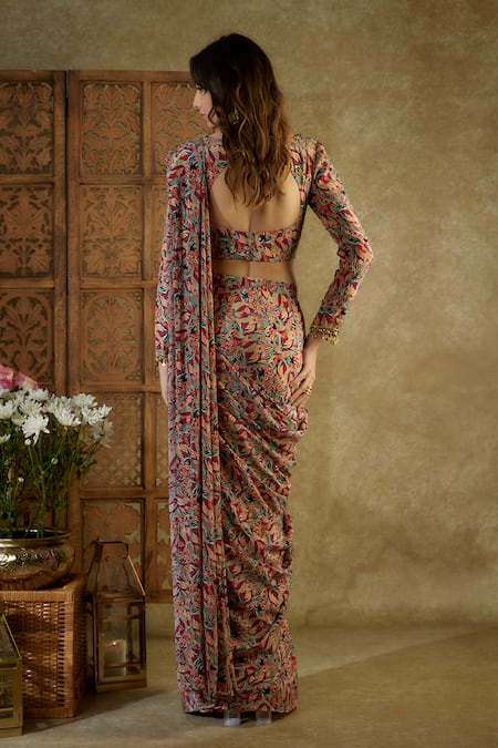 Mehak Murpana Abstract Floral Print Pre-Stitched Saree With Blouse 