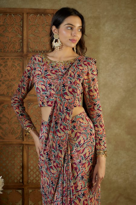 Mehak Murpana_Ivory Crepe Sequins Round Abstract Floral Print Pre-stitched Saree With Blouse _Online_at_Aza_Fashions