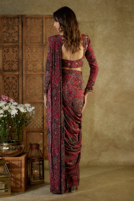 Shop_Mehak Murpana_Pink Crepe Sequins, Abstract Floral Pattern Pre-stitched Saree With Blouse _at_Aza_Fashions