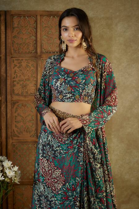 Mehak Murpana_Green Crepe Sequins, Embroidery V-neck, Abstract Floral Print Jacket Skirt Set _Online_at_Aza_Fashions