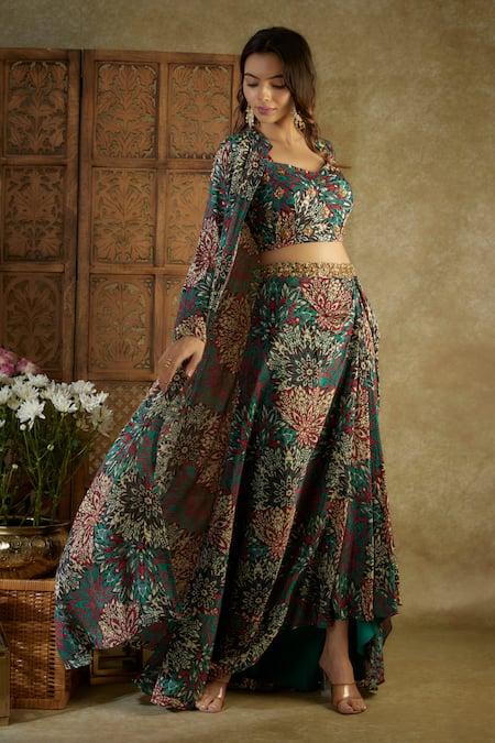 Buy_Mehak Murpana_Green Crepe Sequins, Embroidery V-neck, Abstract Floral Print Jacket Skirt Set _Online_at_Aza_Fashions