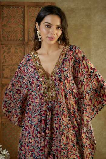 Mehak Murpana_Ivory Crepe Sequins, Abstract Floral Print Kaftan Top And Dhoti Pant Set _Online_at_Aza_Fashions