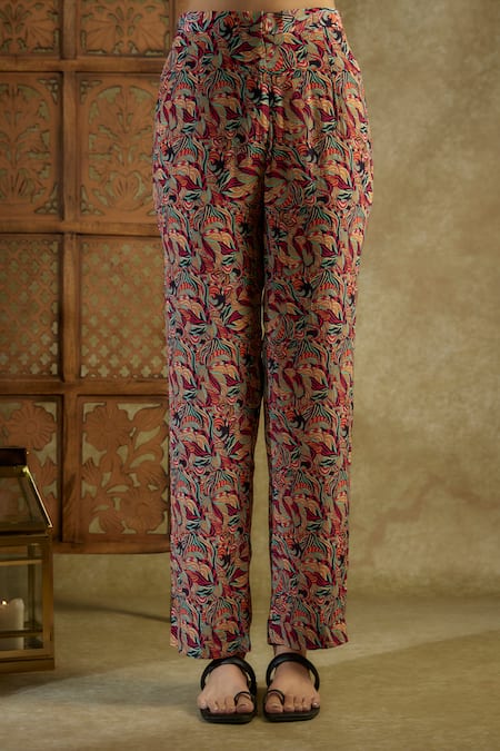 Mehak Murpana_Ivory Crepe Sequins, Embroidery Abstract Floral Print Shirt And Straight Pant Set _Online_at_Aza_Fashions