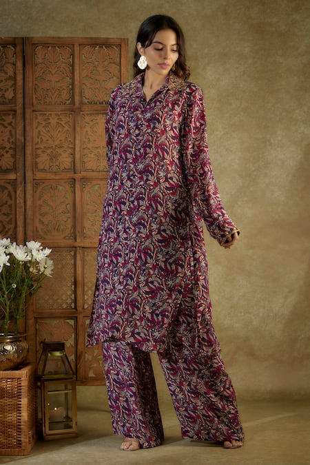 Mehak Murpana_Purple Crepe Sequins Collared Abstract Floral Print Long Shirt And Pant Set _Online_at_Aza_Fashions