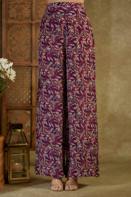 Buy_Mehak Murpana_Purple Crepe Sequins Collared Abstract Floral Print Long Shirt And Pant Set _Online_at_Aza_Fashions