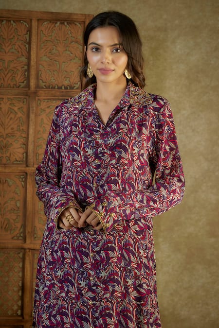 Shop_Mehak Murpana_Purple Crepe Sequins Collared Abstract Floral Print Long Shirt And Pant Set _Online_at_Aza_Fashions