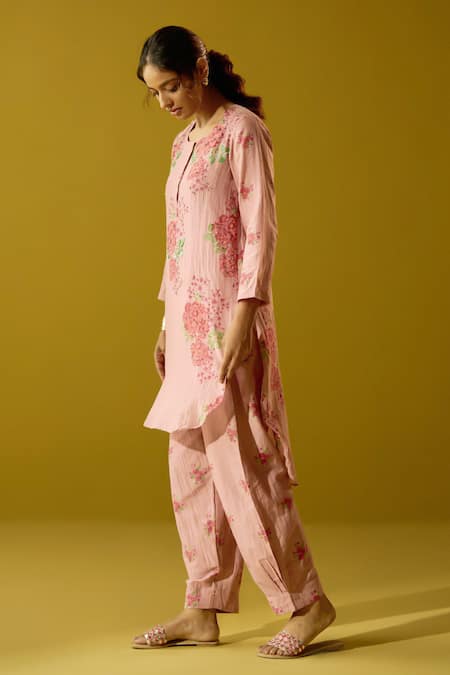TA’Assur_Pink Silk Cotton Hand Block Printed Flower Round Kurta And Pant Set_Online_at_Aza_Fashions