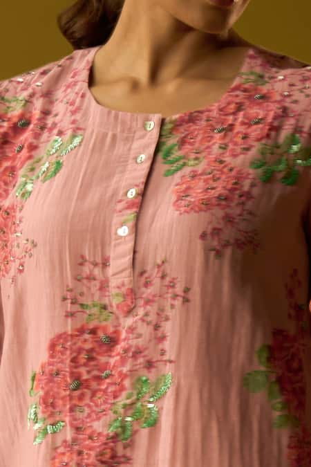 Buy_TA’Assur_Pink Silk Cotton Hand Block Printed Flower Round Kurta And Pant Set_Online_at_Aza_Fashions
