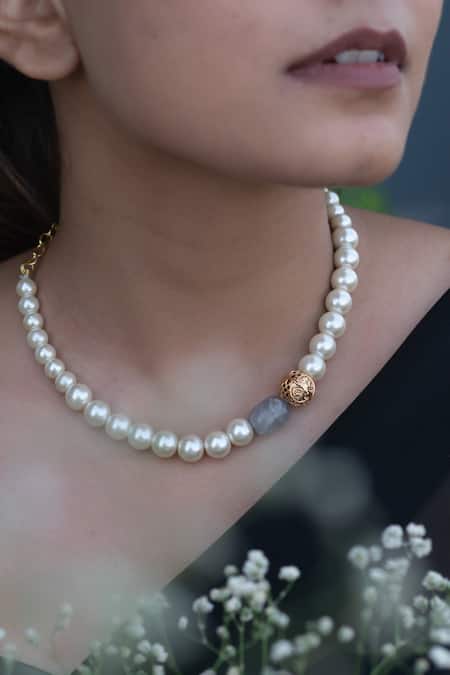 Shop_Do Taara_White Freshwater Pearl Embellished Necklace _Online_at_Aza_Fashions