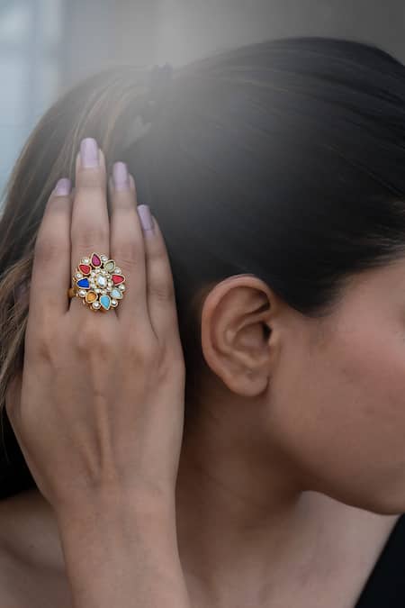 Buy Do Taara Multi Color Navratan Kundan Ring at Aza Fashions Buy_Do Taara_Multi Color Navratan Kundan Ring_at_Aza_Fashions