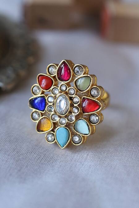 Shop Do Taara Multi Color Navratan Kundan Ring at Aza Fashions Shop_Do Taara_Multi Color Navratan Kundan Ring_at_Aza_Fashions