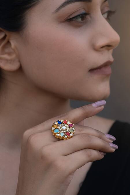 Do Taara Multi Color Navratan Kundan Ring Online at Aza Fashions Do Taara_Multi Color Navratan Kundan Ring_Online_at_Aza_Fashions