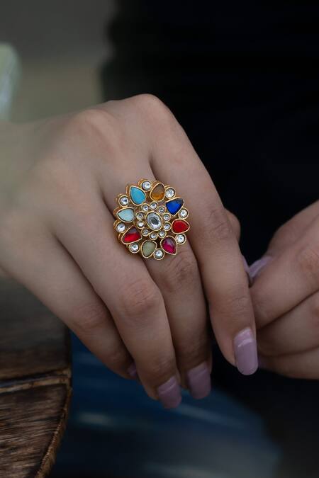 Buy Do Taara Multi Color Navratan Kundan Ring Online at Aza Fashions Buy_Do Taara_Multi Color Navratan Kundan Ring_Online_at_Aza_Fashions