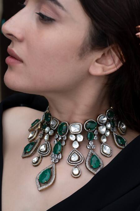 Shop_Do Taara_Green Polki Embellished Victorian Necklace Set_Online_at_Aza_Fashions