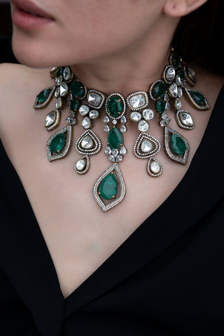 Do Taara_Green Polki Embellished Victorian Necklace Set_at_Aza_Fashions
