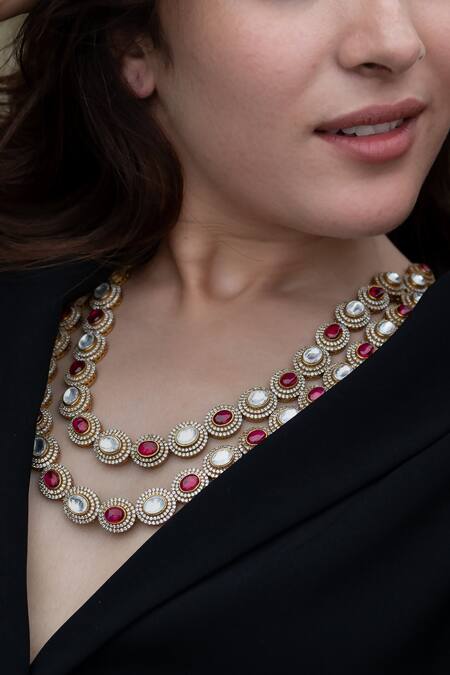 Do Taara_Red Polki Embellished Necklace Set_Online_at_Aza_Fashions