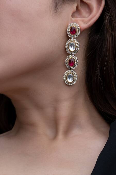 Do Taara_Red Polki Embellished Necklace Set_at_Aza_Fashions