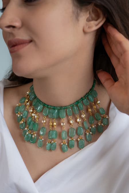 Buy Do Taara Green Stone And Kundan Embellished Choker Necklace at Aza Fashions Buy_Do Taara_Green Stone And Kundan Embellished Choker Necklace _at_Aza_Fashions