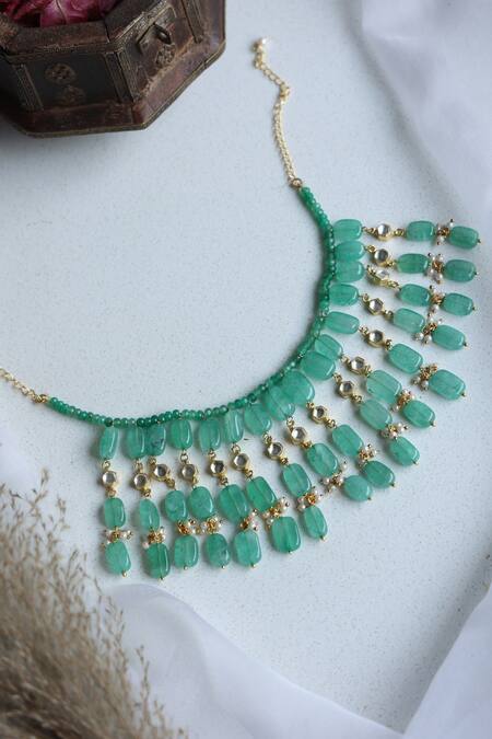 Shop Do Taara Green Stone And Kundan Embellished Choker Necklace at Aza Fashions Shop_Do Taara_Green Stone And Kundan Embellished Choker Necklace _at_Aza_Fashions