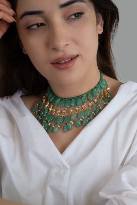 Do Taara Green Stone And Kundan Embellished Choker Necklace Online at Aza Fashions Do Taara_Green Stone And Kundan Embellished Choker Necklace _Online_at_Aza_Fashions