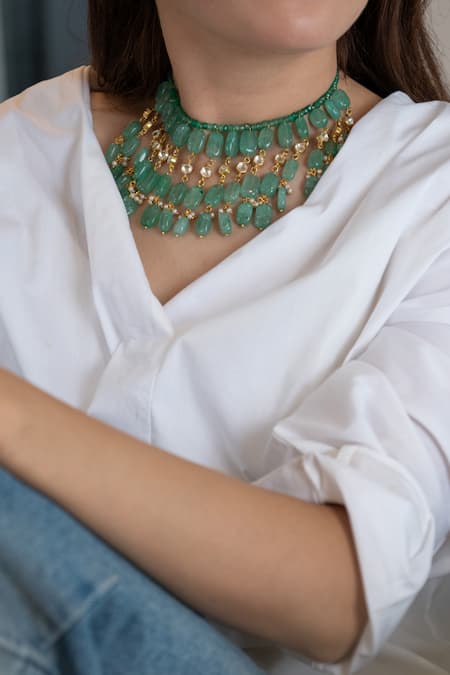 Shop Do Taara Green Stone And Kundan Embellished Choker Necklace Online at Aza Fashions Shop_Do Taara_Green Stone And Kundan Embellished Choker Necklace _Online_at_Aza_Fashions
