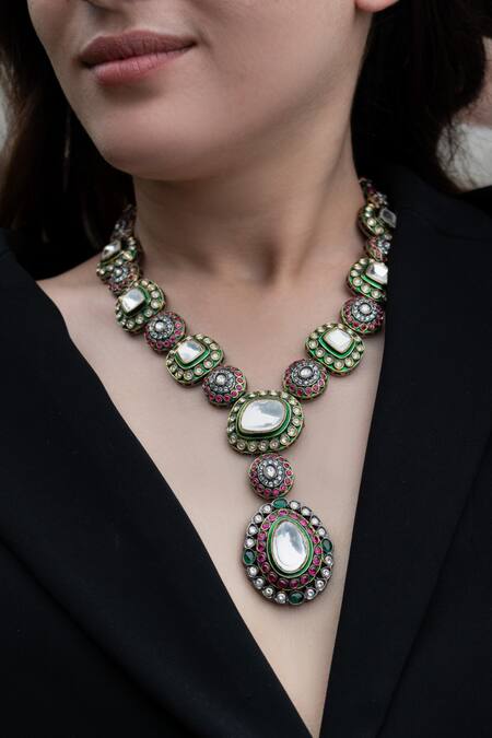 Do Taara_Green Polki Embellished Jewellery Set_Online_at_Aza_Fashions