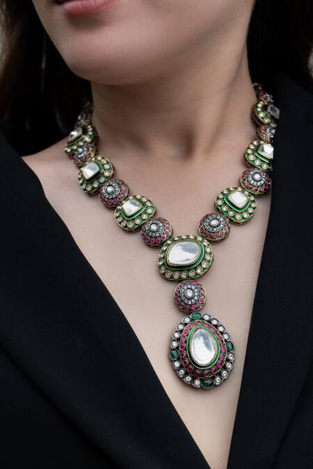 Buy_Do Taara_Green Polki Embellished Jewellery Set_Online_at_Aza_Fashions