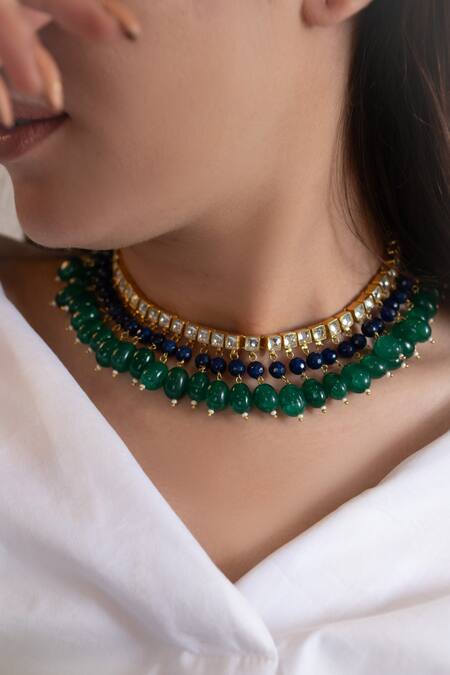 Shop_Do Taara_Green Layered Stone Embellished Choker_Online_at_Aza_Fashions