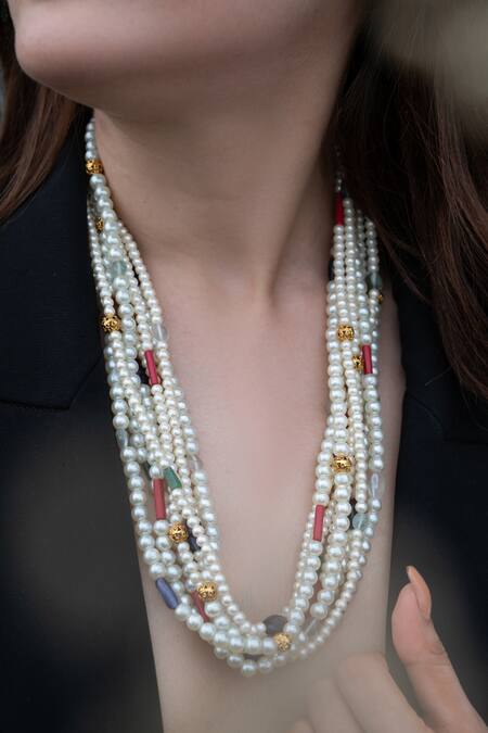Buy_Do Taara_Multi Color Freshwater Pearl Embellished Layered Necklace_Online_at_Aza_Fashions