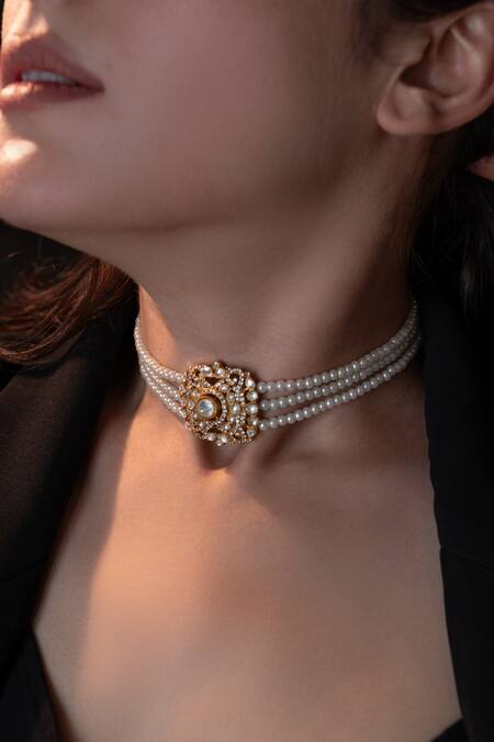 Do Taara_Gold Plated Polki And Pearl Work Choker_Online_at_Aza_Fashions
