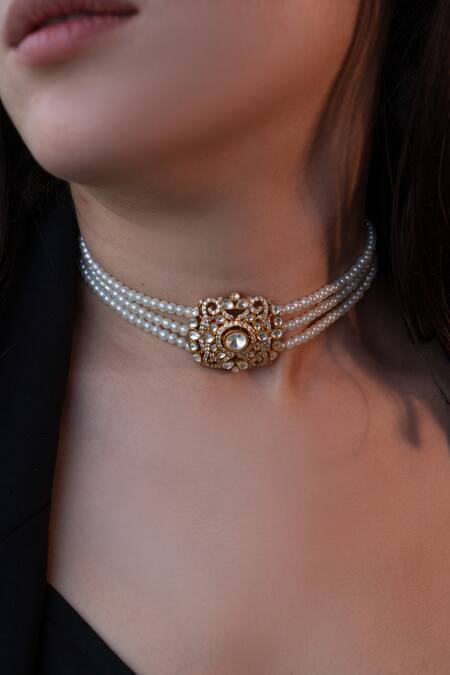 Buy_Do Taara_Gold Plated Polki And Pearl Work Choker_Online_at_Aza_Fashions