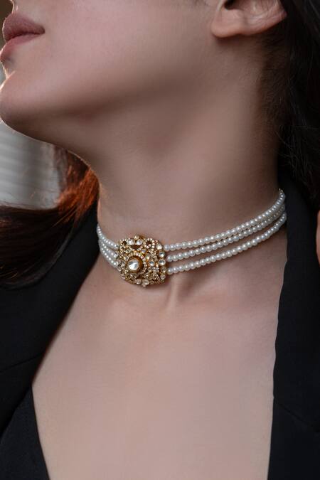 Shop_Do Taara_Gold Plated Polki And Pearl Work Choker_Online_at_Aza_Fashions